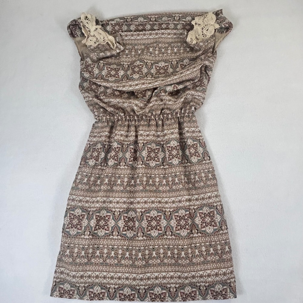 Peppermint Boho Geometric Tile Print‎ Mini Dress Lace Trim Elastic Waist Small